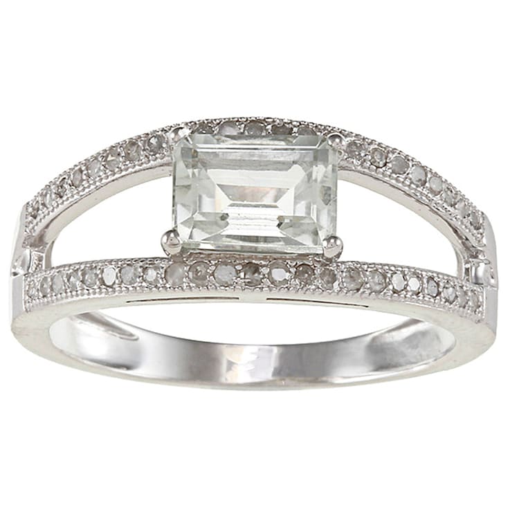 Sterling Silver Emerald-cut Prasiolite and Split-Shank Diamond Ring