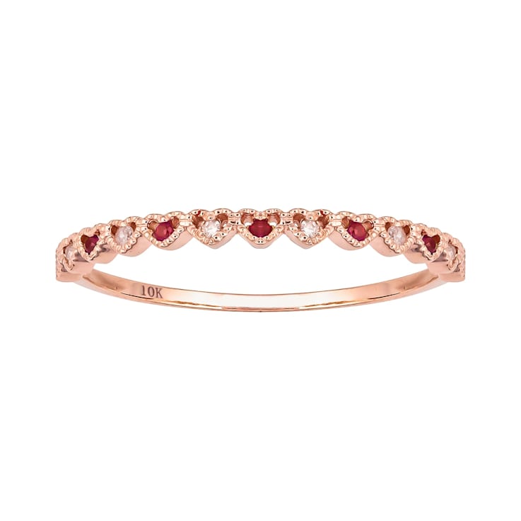 10k Rose Gold Genuine Ruby and Diamond Petite Heart Stackable Band