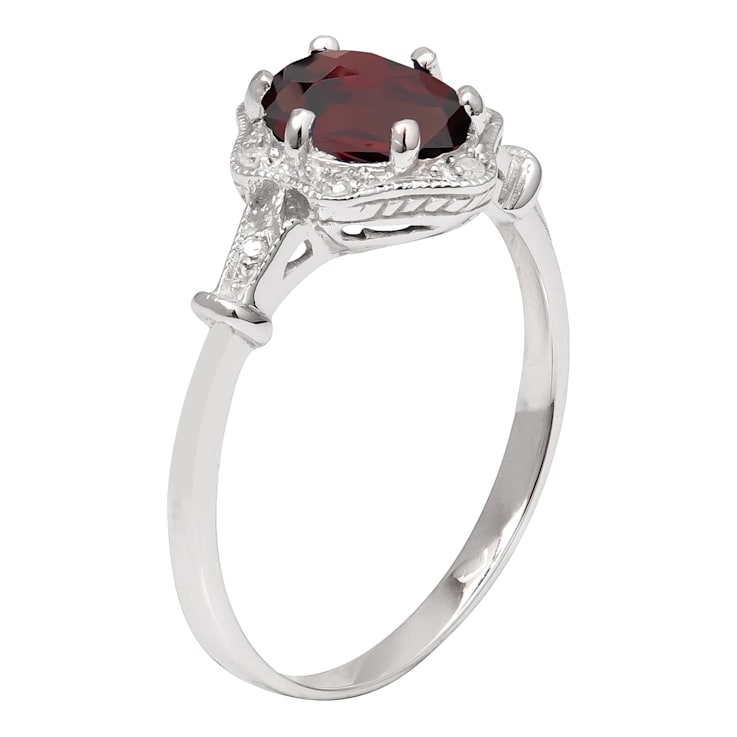 10k White Gold Vintage Style Genuine Oval Garnet and Diamond Halo Ring