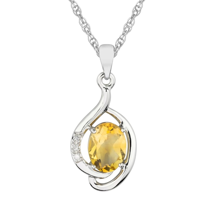 10k Yellow Gold Genuine Oval Citrine and Diamond Pendant With Chain