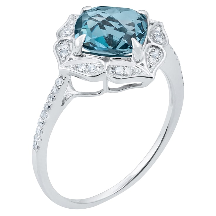 10k White Gold Vintage Style Cushion Blue Topaz and Diamond Ring