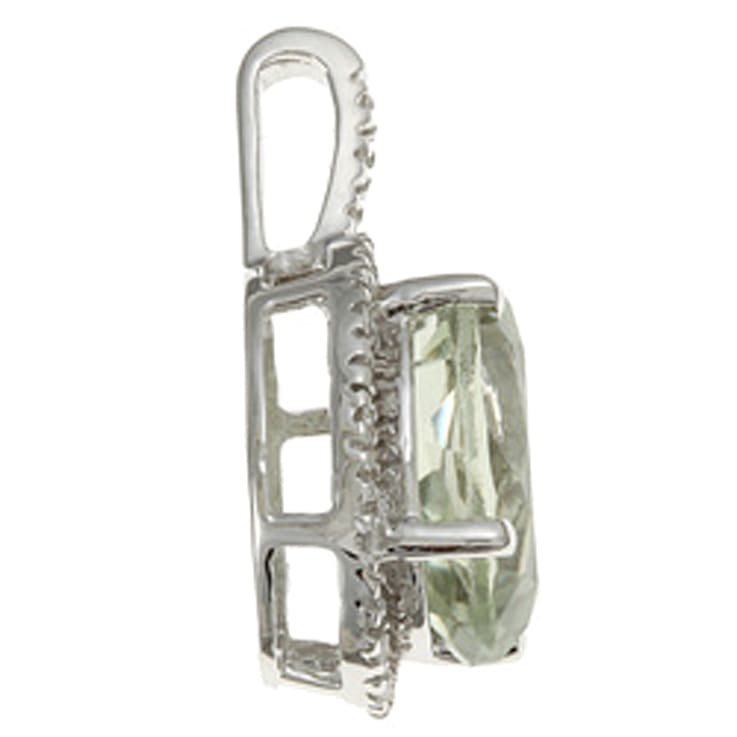 10k White Gold Oval Prasiolite and Diamond Halo Pendant With Chain