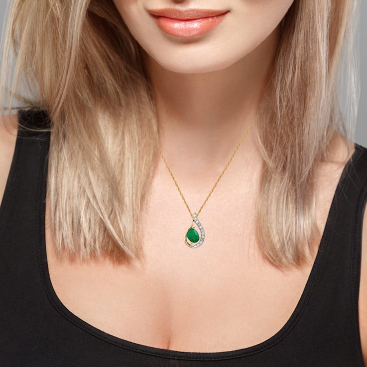 10k Yellow Gold Genuine Oval Emerald and Diamond Halo Drop Pendant With Chain