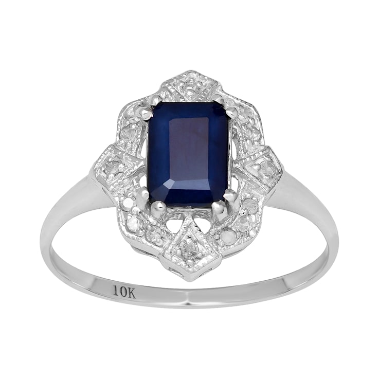 10k White Gold Vintage Style Genuine Emerald-Cut Sapphire and Diamond Ring