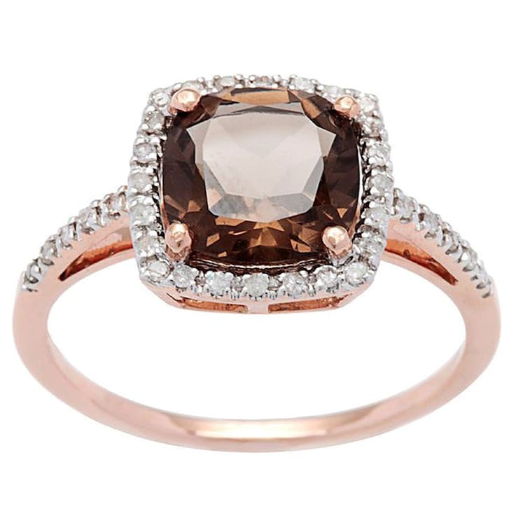 10k Rose Gold Cushion Smoky Quartz and Diamond Halo Ring