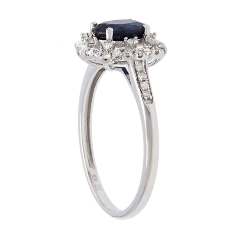10k White Gold Vintage Style Oval Sapphire and Halo Diamond Ring