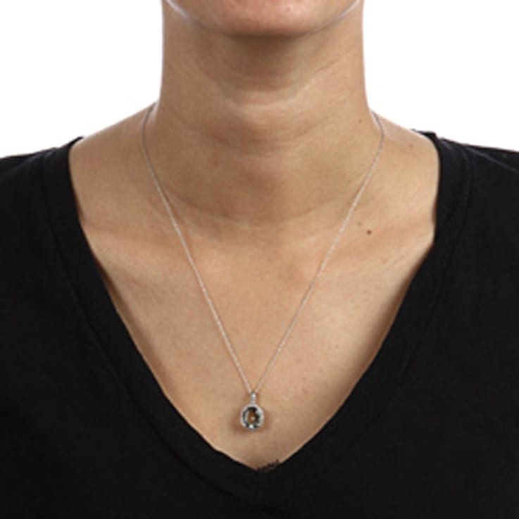 10k White Gold Oval Prasiolite and Diamond Halo Pendant With Chain