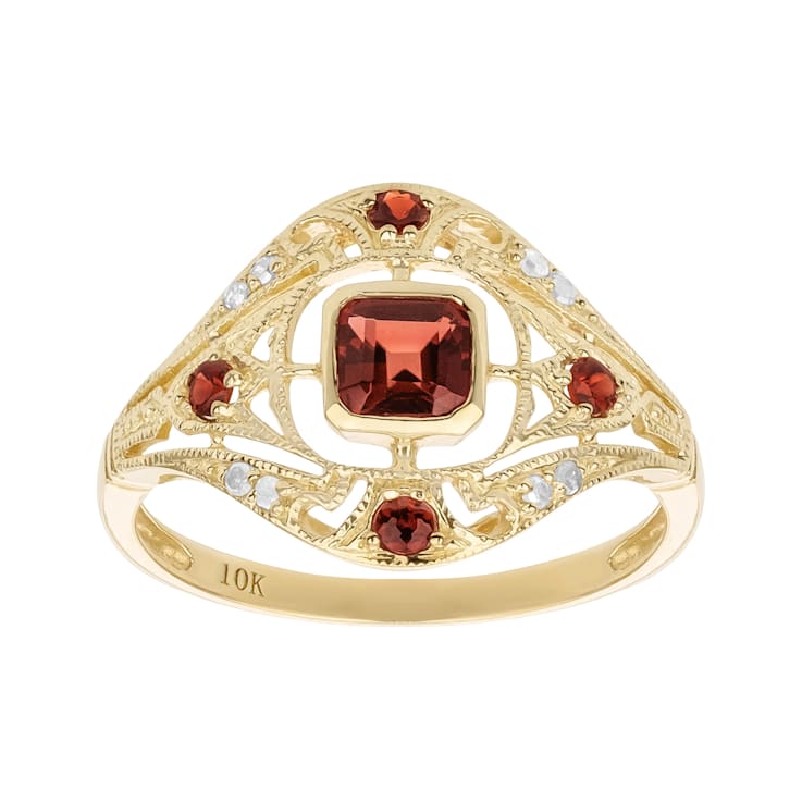 10k Yellow Gold Vintage Style Genuine Garnet and Diamond Ring