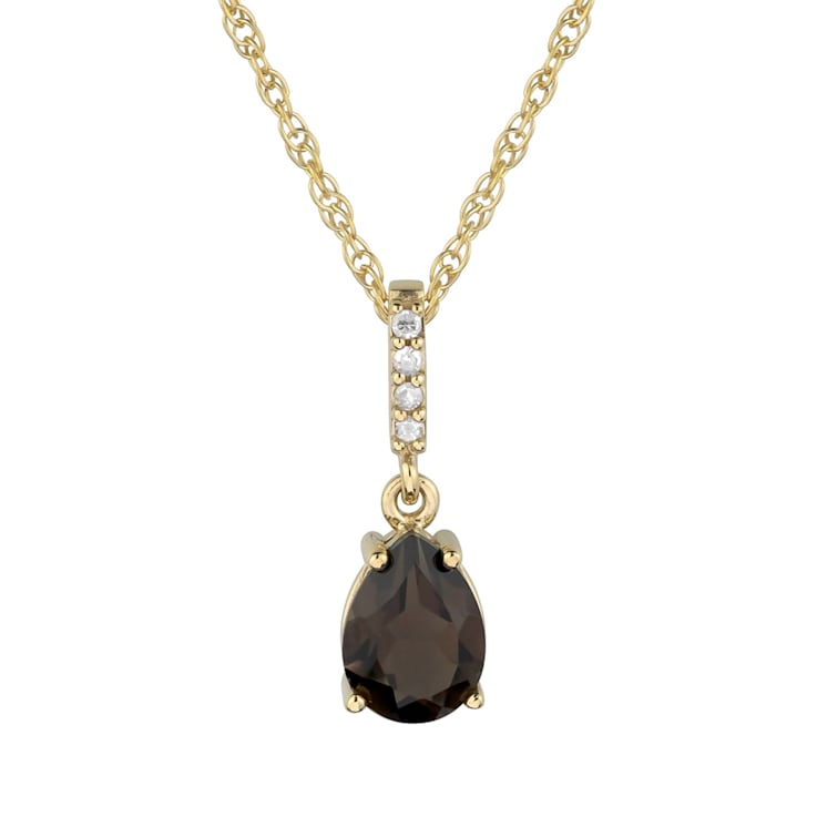 10k Yellow Gold Genuine Pear-Shape Smoky Quartz and Diamond Drop Pendant
With Chain
