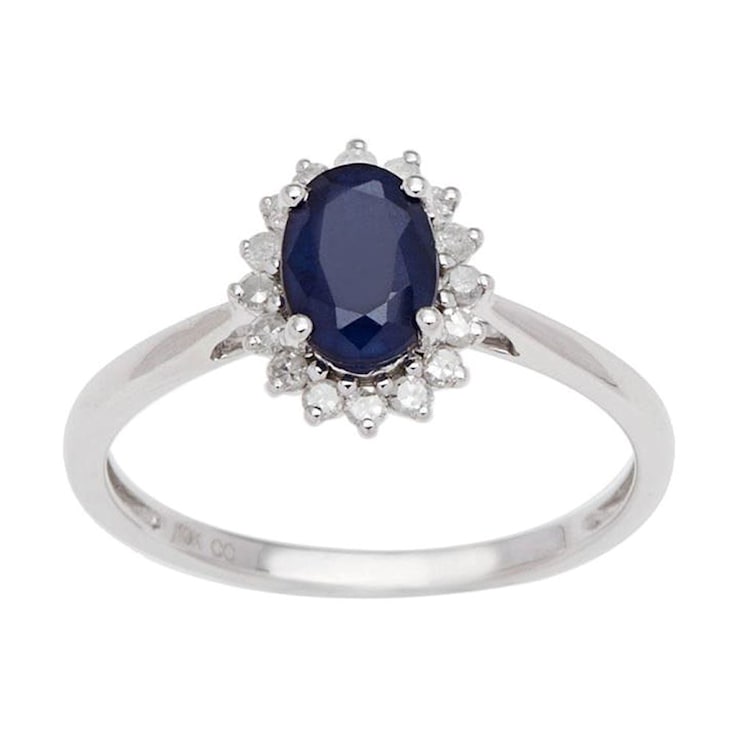 10k White Gold Oval Sapphire and Halo Diamond Ring