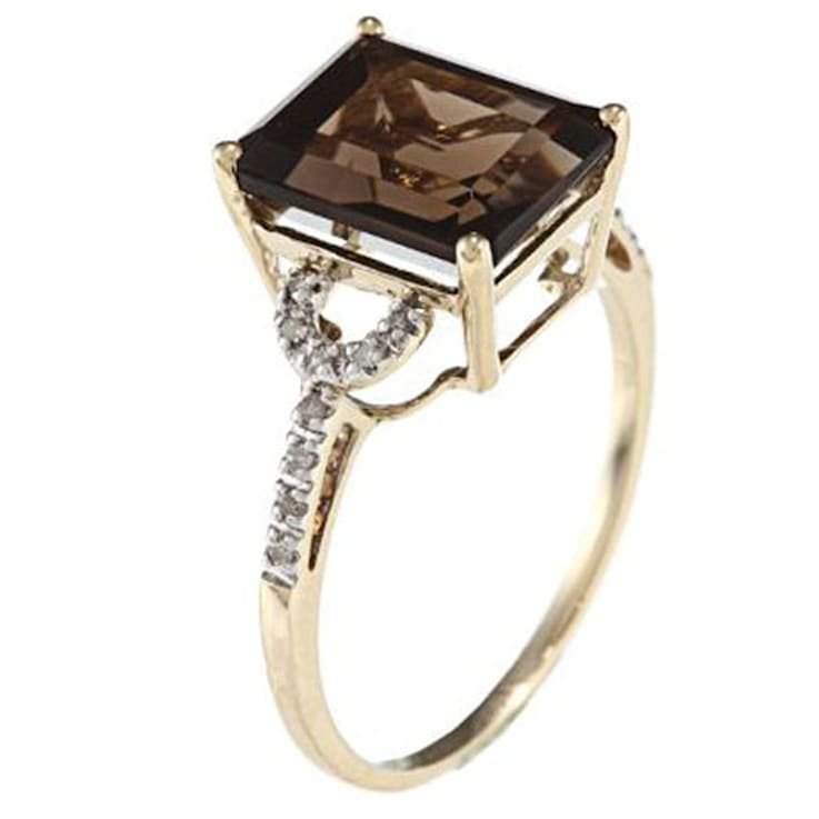 10k Yellow Gold Emerald-Shape Smoky Quartz and Diamond Ring
