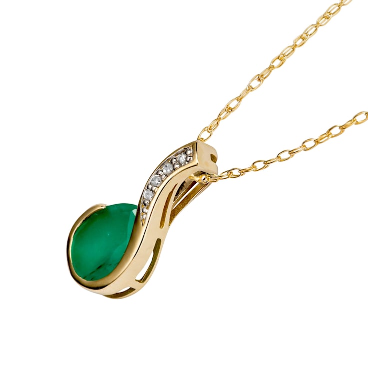 10k Yellow Gold Genuine Pear-Shape Emerald and Diamond Drop Pendant With Chain