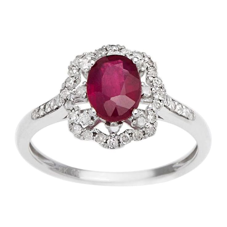 10k White Gold Vintage Style Oval Ruby and Halo Diamond Ring