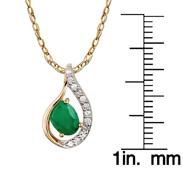 10k Yellow Gold Genuine Oval Emerald and Diamond Halo Drop Pendant With Chain