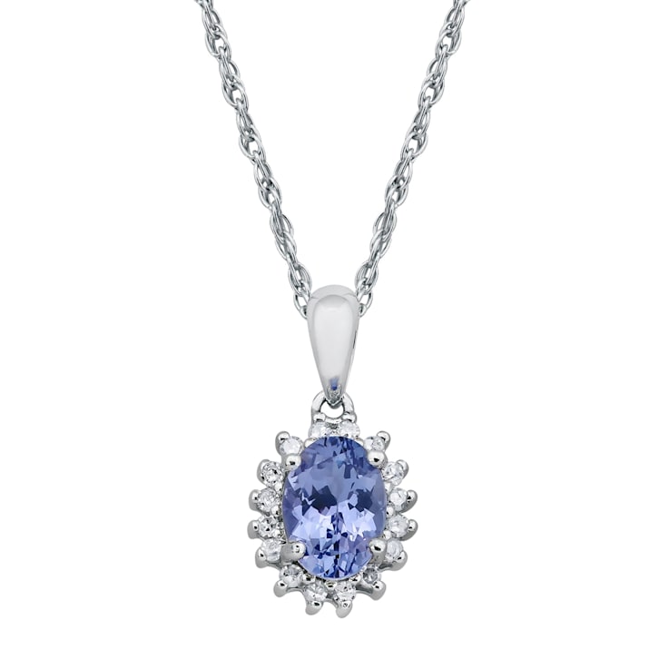 10k White Gold Oval Tanzanite and Diamond Halo Pendant With Chain