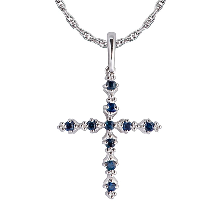 10k White Gold Genuine Sapphire Cross Pendant With Chain 11DPXA