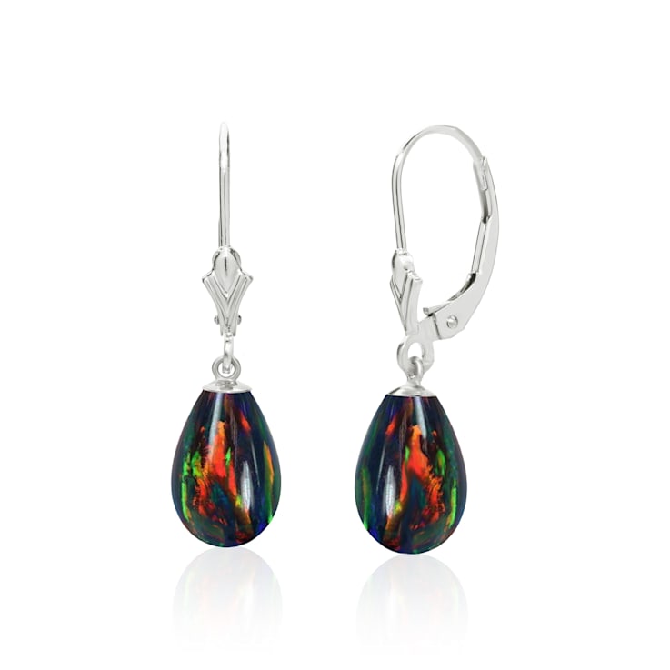 14K Solid Yellow Gold Lab Created Black Fire Opal Teardrop Earrings
