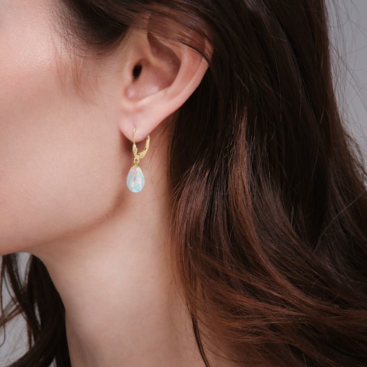 14K Solid White Gold Lab Created White Rainbow Opal Teardrop Earrings