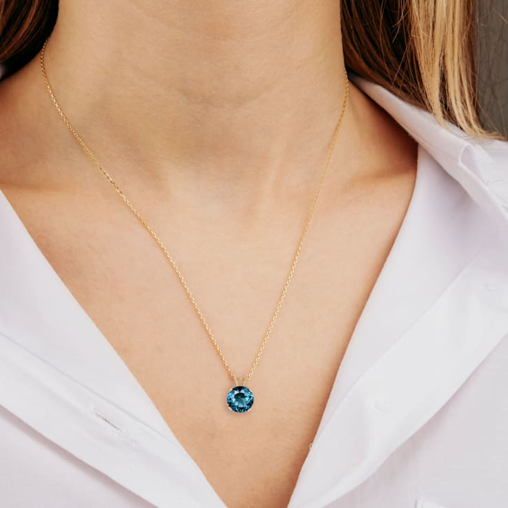14K Yellow Gold 8mm London Blue Topaz Pendant Necklace - 2.5