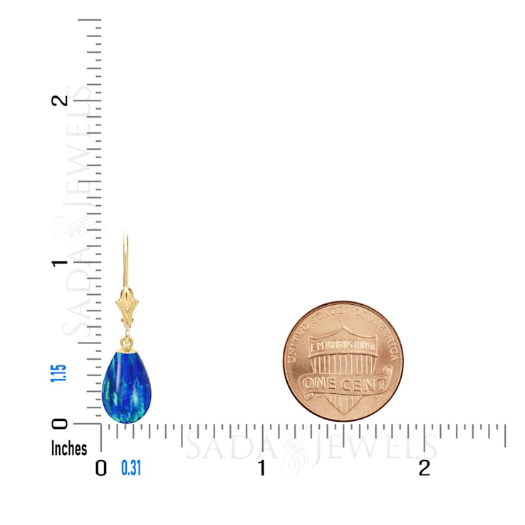 14K Solid White Gold Lab Created Bue Opal Teardrop Earrings