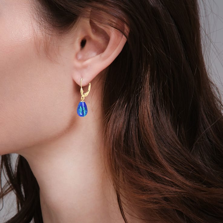 14K Solid Yellow Gold Lab Created Blue Opal Teardrop Earrings