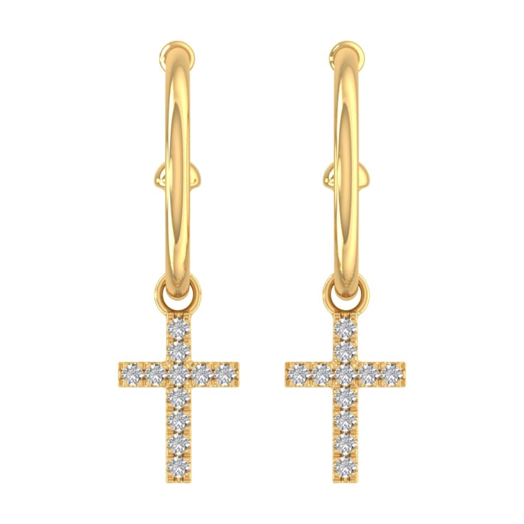 FINEROCK 10k Yellow Gold Diamond Hoop Earrings With Cross (0.12 Carat)