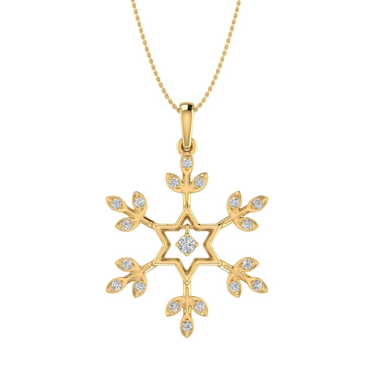 FINEROCK 10K Yellow Gold Snowflake Diamond Pendant Necklace (1/10 Carat)
(Silver Chain Included)