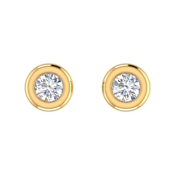FINEROCK 10K Yellow Gold Bezel Set Round Diamond Stud Earrings (1/10 Carat)
