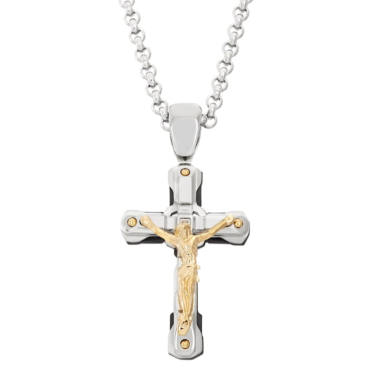 Tri-Tone Stainless Steel Diamond Crucifix Cross