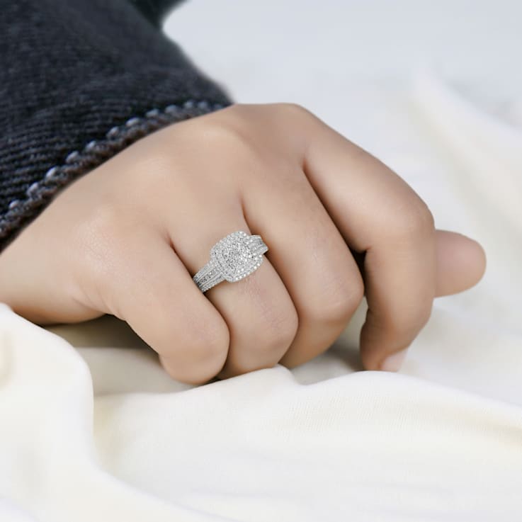 1 2ct TDW Diamond Cluster Double Halo Engagement Ring in Silver