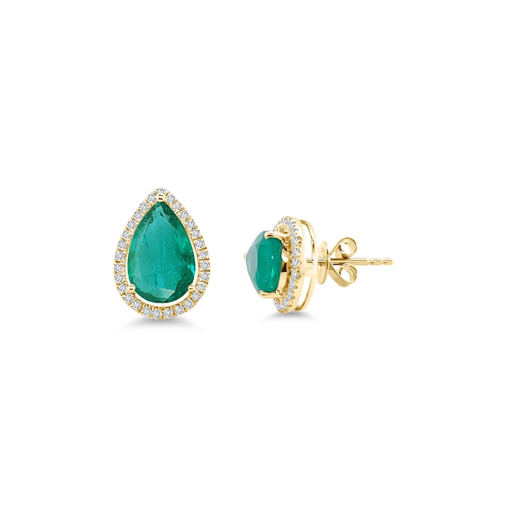 3.01Cts Colombian Emerald , 0.26cw diamond, crafted in 18K Yellow Gold Earrings.