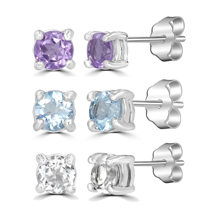 GEMistry Set of 3 Sterling Silver Amethyst, Blue Topaz, and White Topaz
Round Stud Earrings