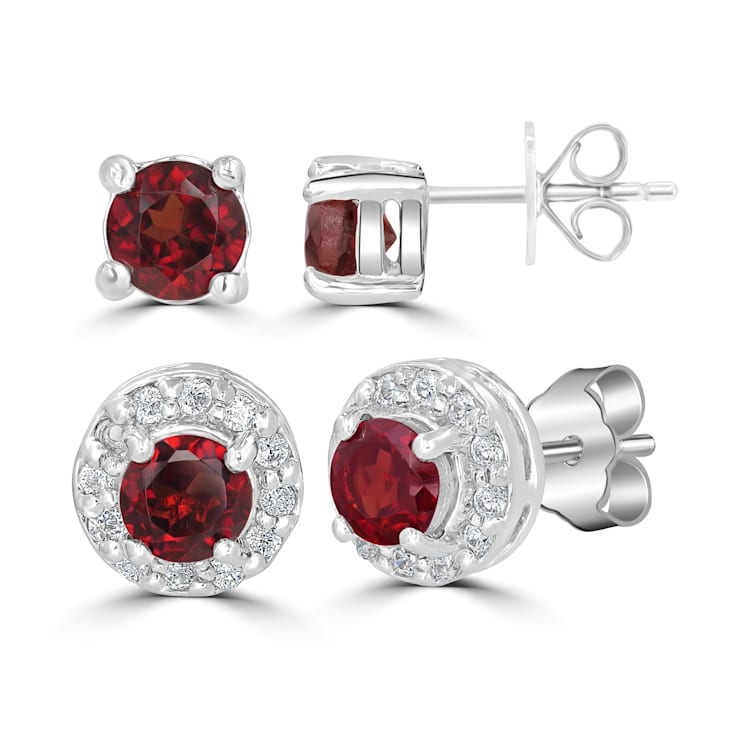 GEMistry Set of 2 Sterling Silver Round Red Garnet Gemstone Stud Earring