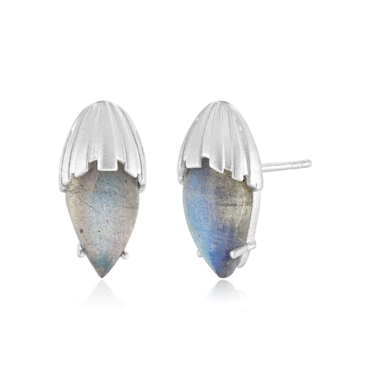 GEMistry Pear Labradorite Cabochon Gemstone Ribbed Stud Earrings in
Sterling Silver