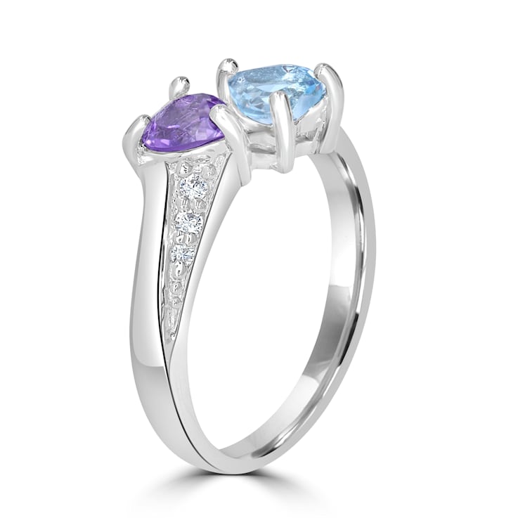 GEMistry Amethyst and Blue Topaz Gemstone Sterling Silver Heart Bypass Ring