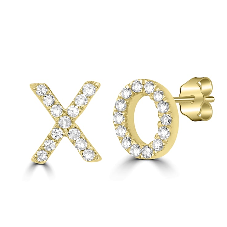 GEMistry 14K Yellow Gold 0.07 Ctw Round Diamond Noughts and Cross Stud Earrings