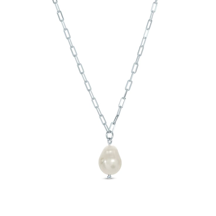 GEMISTRY White Cultured Freshwater Pearl Solitaire Pendant Necklace in
Sterling Silver for Women