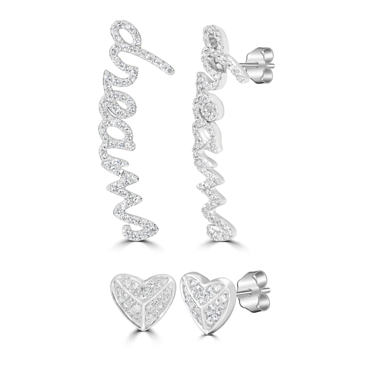 GEMistry 14K White Gold 0.27 Ctw Round Diamond Heart and Dream Stud Earrings