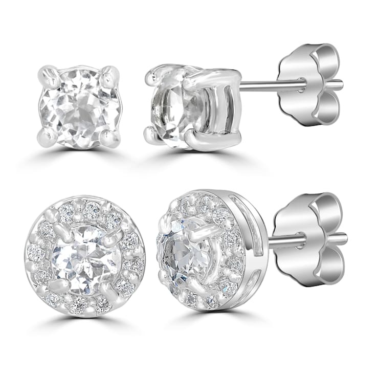 GEMistry Set of 2 Sterling Silver Round White Topaz Gemstone Stud Earring