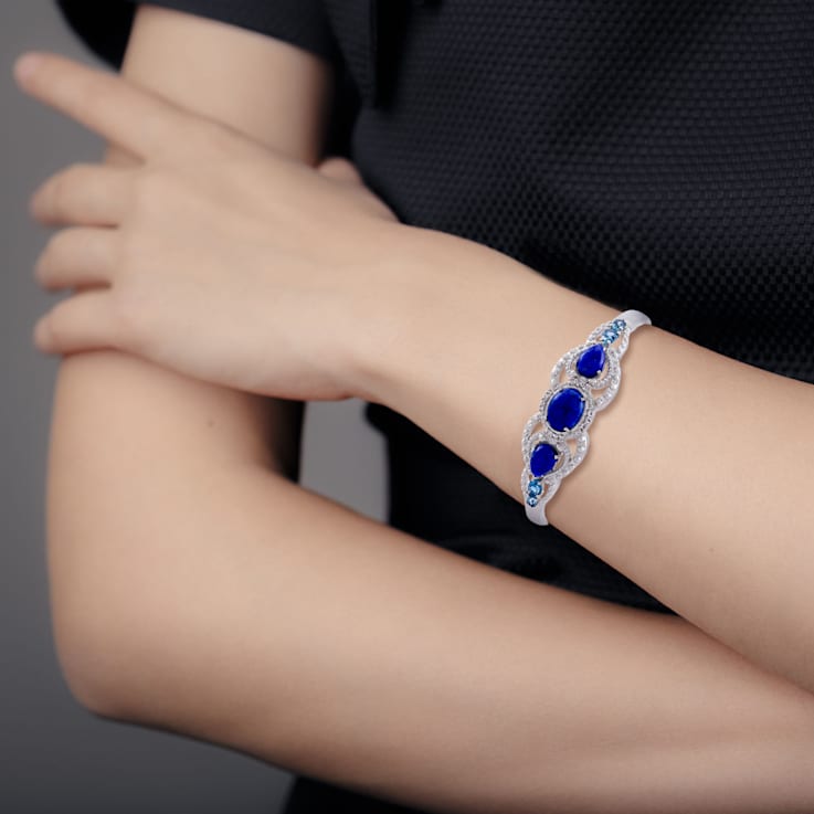 Gemistry Lapis and London Blue Topaz Hinged Cuff Bracelet, Sterling Silver