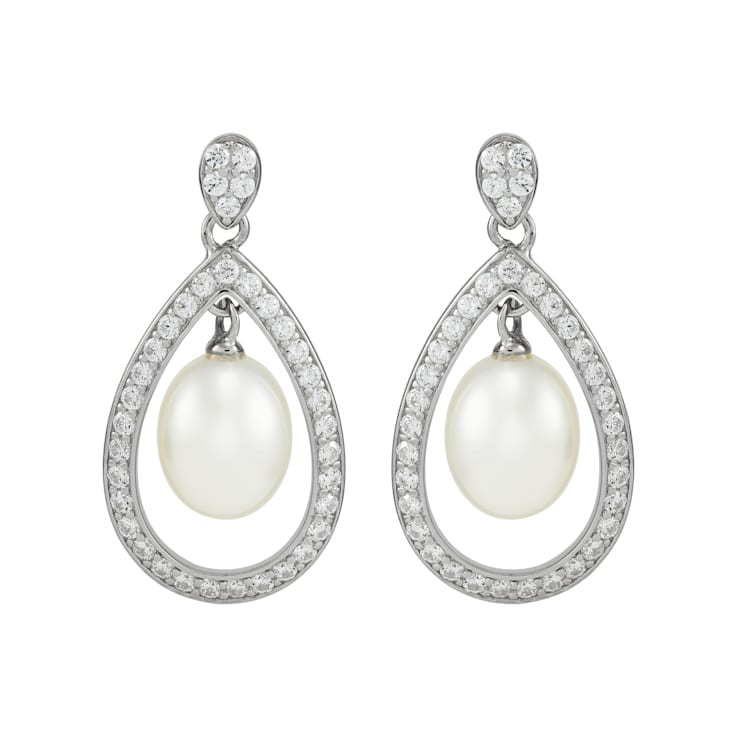 Sterling Silver White Fresh Water Pearl and Swarovski Cubic Zirconia
Teardrop Earrings