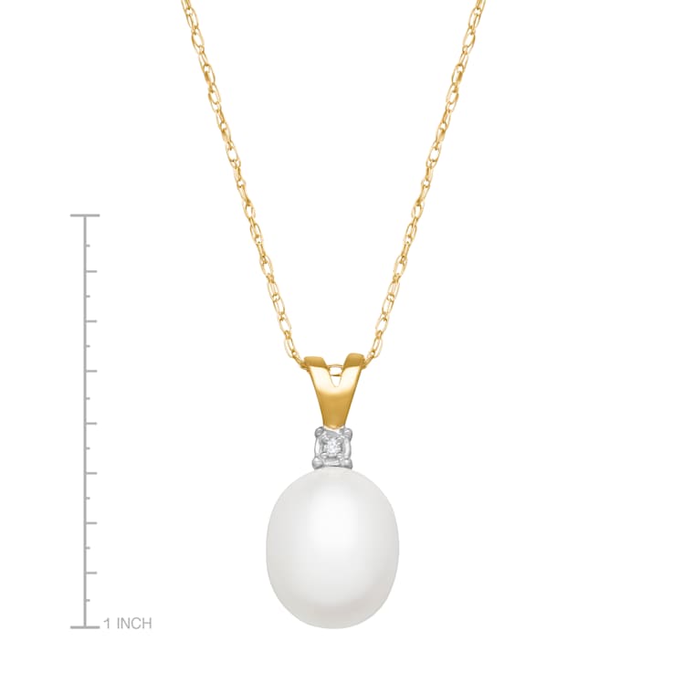 10K Yellow Gold Diamond and Fresh Water Pearl Pendant with 18" Rope Chian