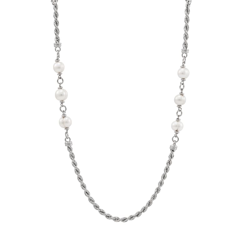 Sterling Silver White Round Fresh Water Pearl on Rope Chain Necklace