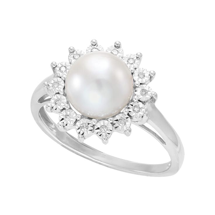 10K White Gold Diamond and Fresh Water Pearl Ring