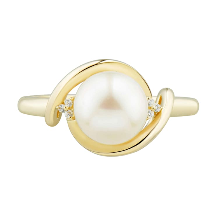 10K Yellow Gold Round White Pearl and Diamond Ring