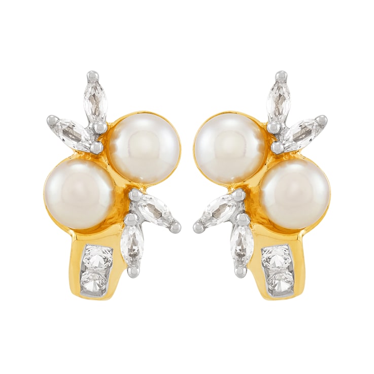 10K Yellow Gold Freshwater Pearl and Created White Sapphire Earrings