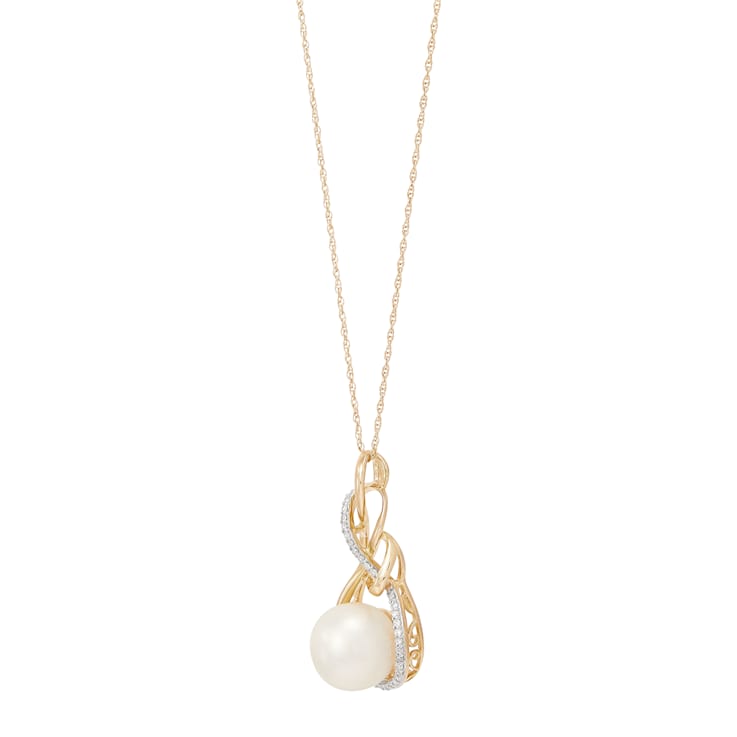10K Yellow Gold Diamond and White Freshwater Pearl Pendant with 18"
Rope Chain