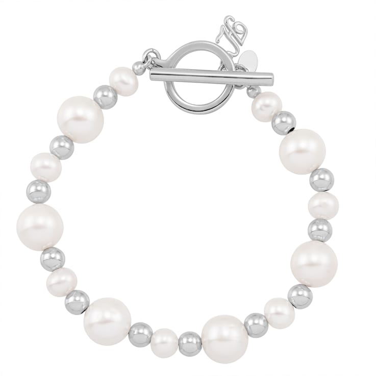 Sterling Silver White Fresh Water Pearl and Plain Bead Bracelet