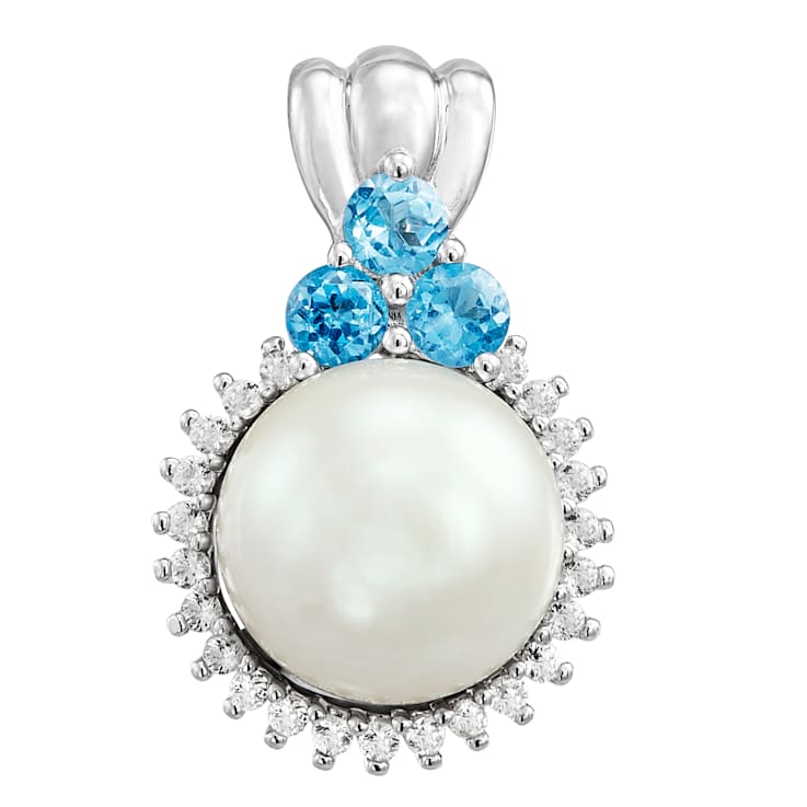 Sterling Silver Freshwater Pearl,Swiss Blue Topaz and White Topaz
Pendant with 18" Rope Chain