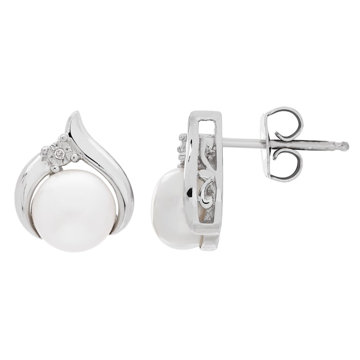 Sterling Silver Diamond and White Button Freshwater Pearl Pendant and
Earrings Set